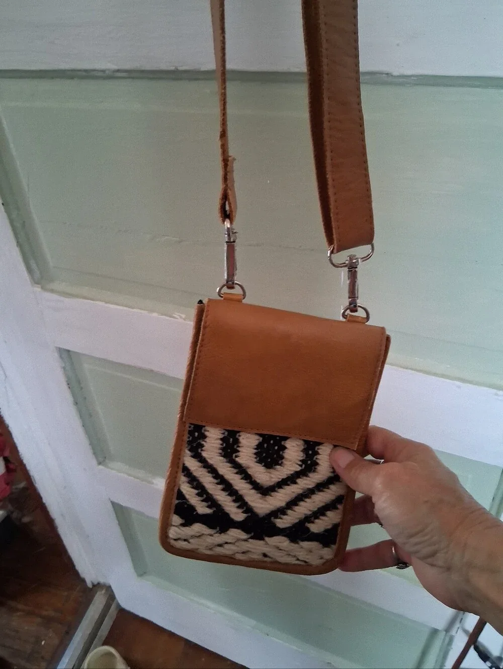 Tan Crossbody Bag with Black & Cream Woven Front